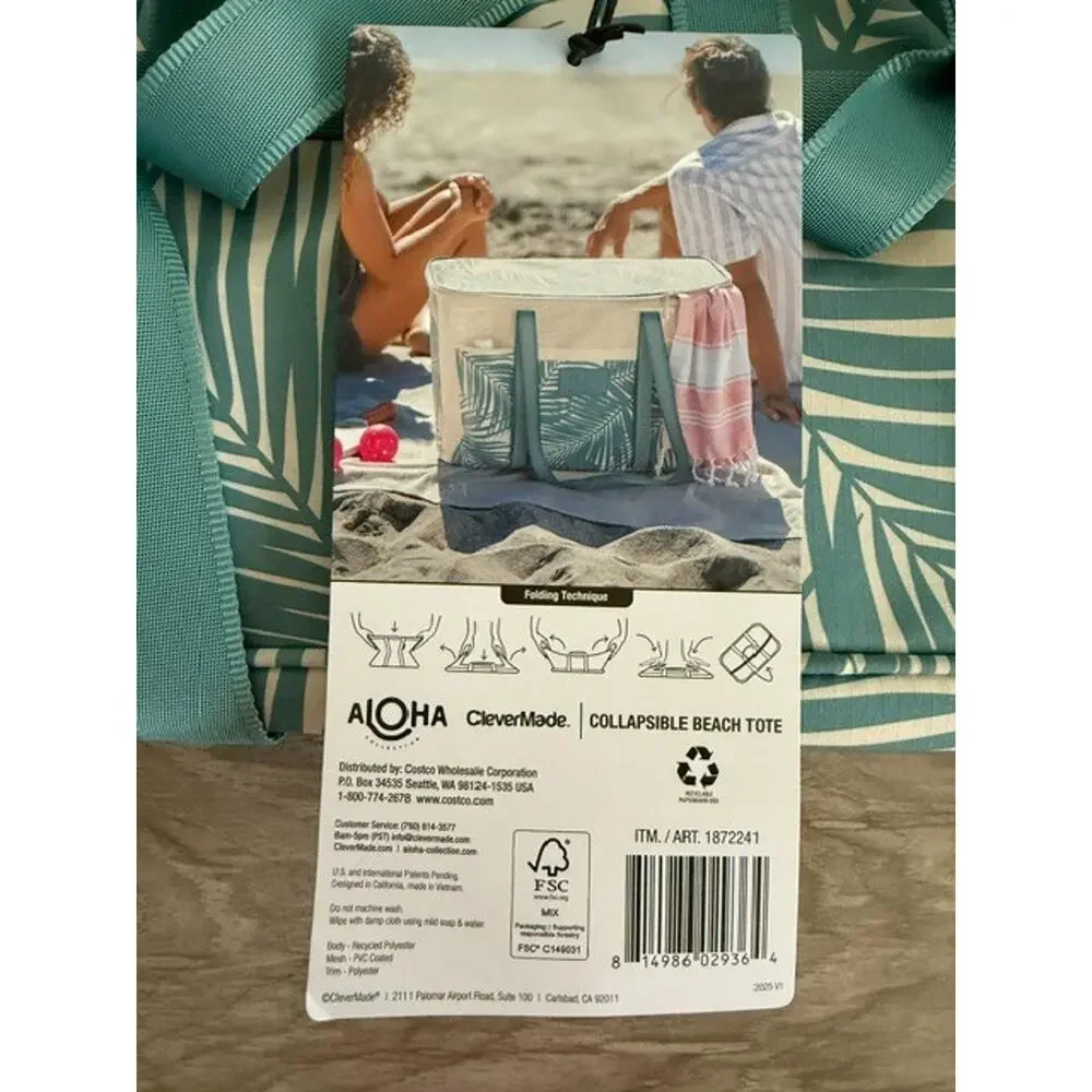 NWT Aloha Collection CleverMade Tropical Collapsible Beach Green Tote Bag